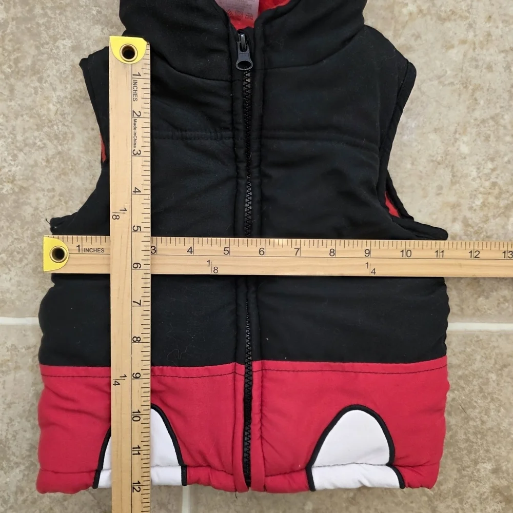 Disney Mickey Mouse Toddler Hooded Puffer Vest 3T Black Red Fleece Lined